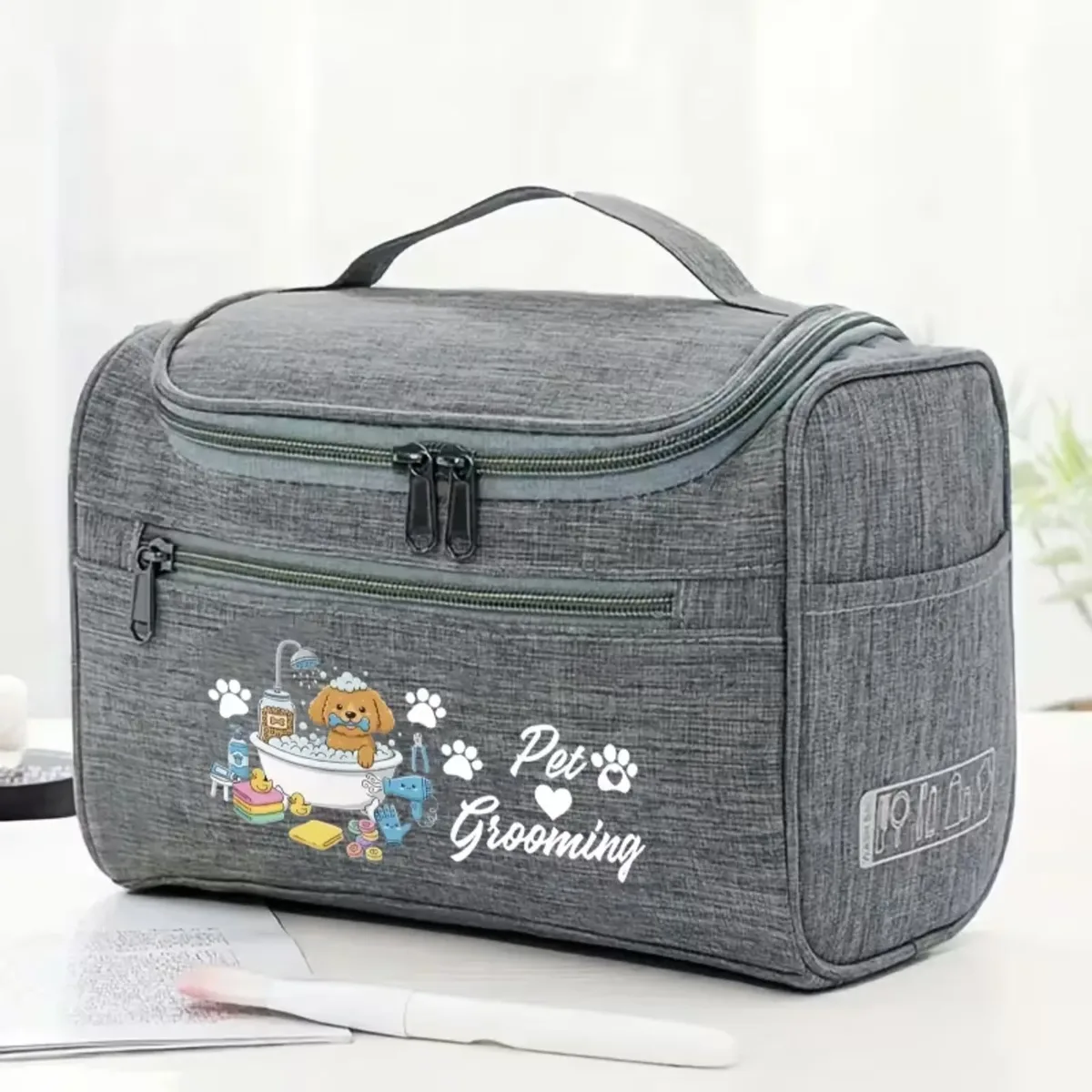 sac de voyage pour toilettage des animaux, organisateur d'accessoires pour animaux de compagnie avec motif de bain de chien mignon, pochette suspendue portable pour accessoires de toilettage
