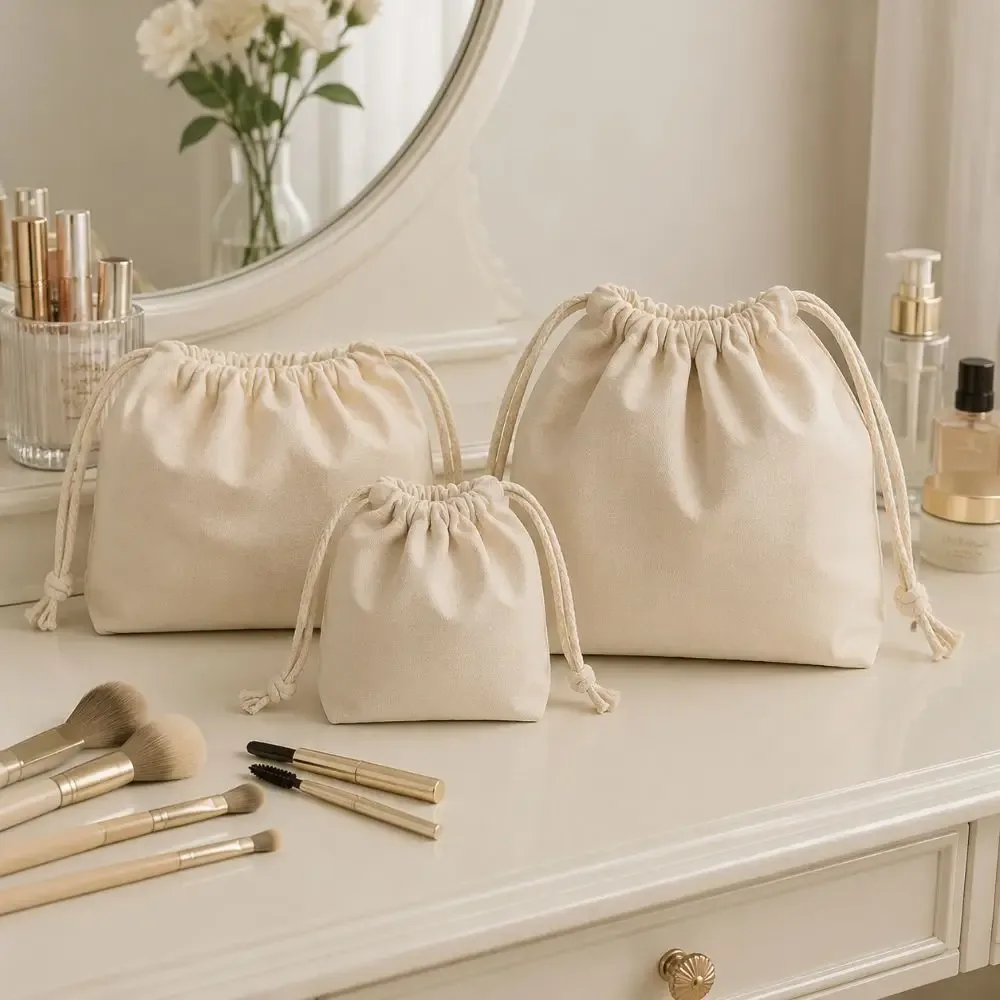 Sacs cosmétiques portables en toile avec cordon de serrage, sacs de toilette réutilisables souples, sacs organisateurs de bijoux pour femmes