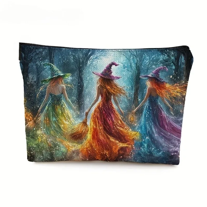 sorcières enchanteresse dans des robes vibrantes, trousse à cosmétiques, accessoires de voyage en polyester durable, trousse de maquillage, cadeaux d'halloween, trousse à crayons