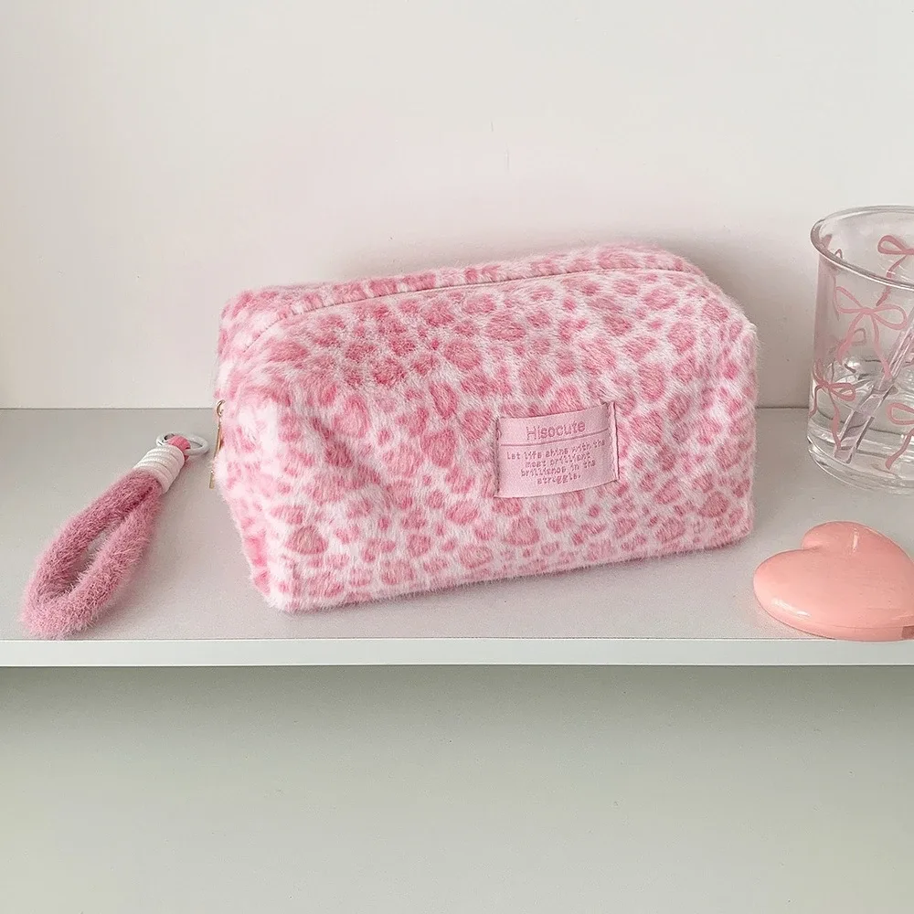 sac à cosmétiques en peluche imprimé léopard coréen d'hiver, trousse de maquillage pour femme, trousse à crayons pour étudiante, trousse de toilette portable pour organisateur de maquillage