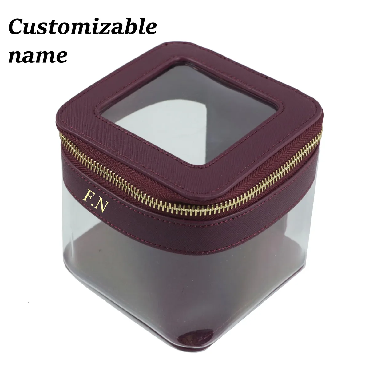 Sac à cosmétiques en cuir Saffiano avec lettres personnalisées, étui de rangement de maquillage transparent en PVC TPU, organisateur de rouge à lèvres de voyage, sac à cosmétiques