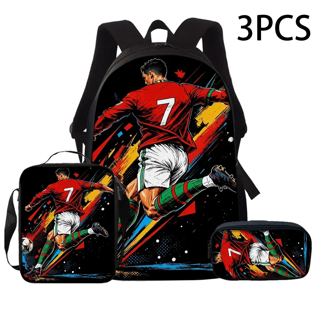 ensemble de sacs à dos à motif étoile de football cr7, 2/3 pièces, sac à dos décontracté de grande capacité avec pochette et sac fourre-tout assortis, parfait pour le quotidien