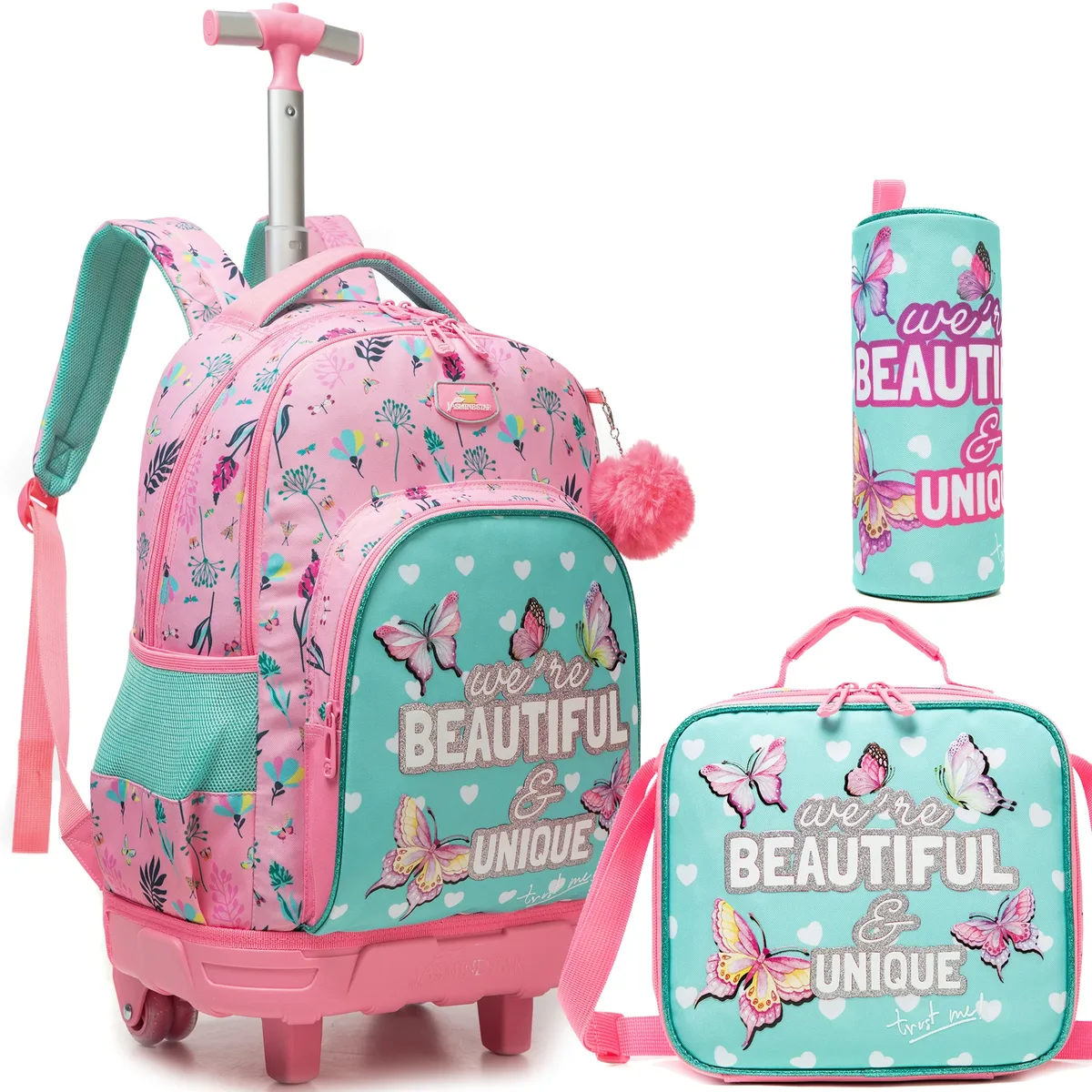ensemble de 3 sacs à dos roulants élégants pour filles, parfaits pour les filles, avec bagages à roulettes, sac à déjeuner, trousse à crayons pour les voyages scolaires