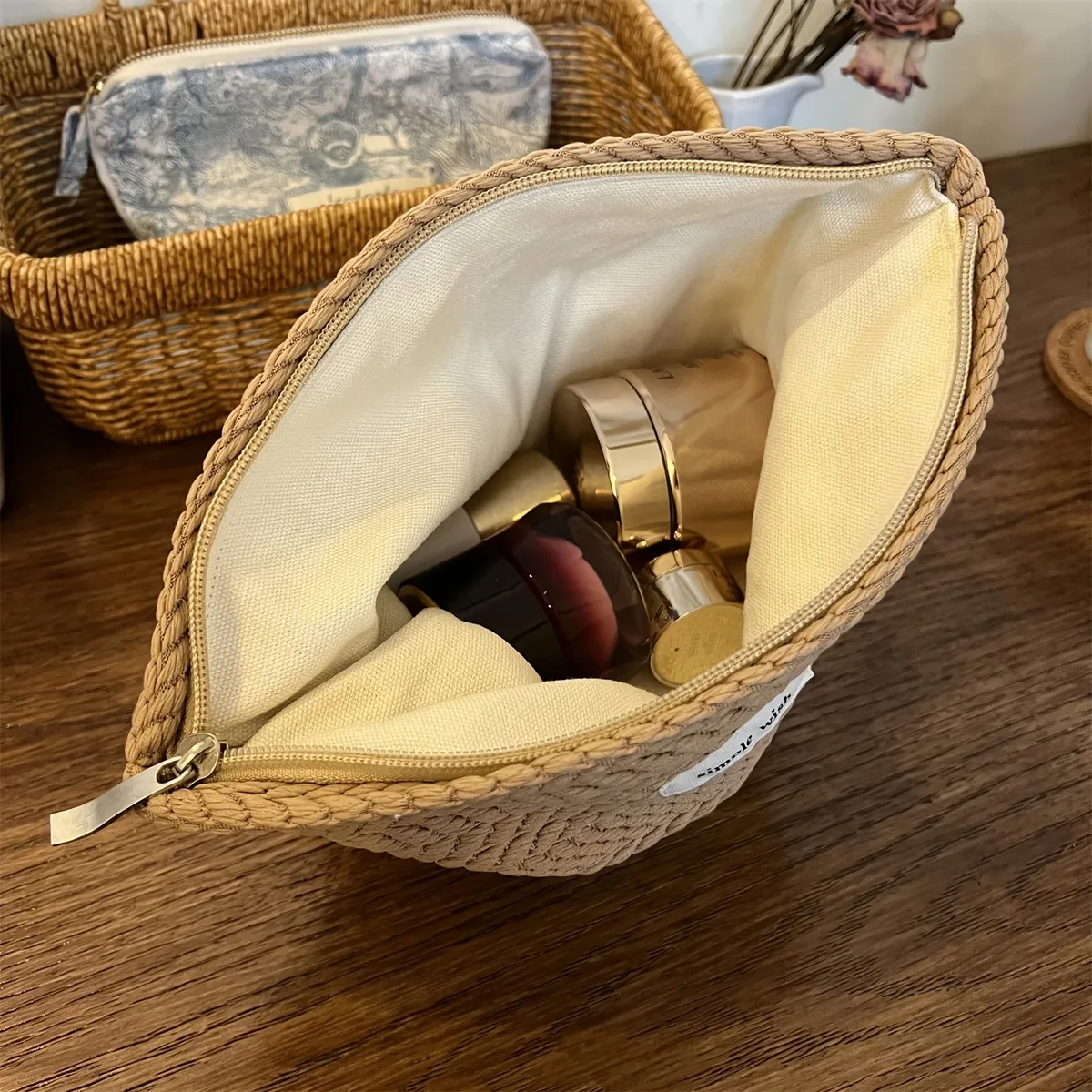 pochette cosmétique tissée avec fermeture éclair - motif grain de riz, trousse de maquillage portable, organiseur de rangement de voyage pour femmes, léger
