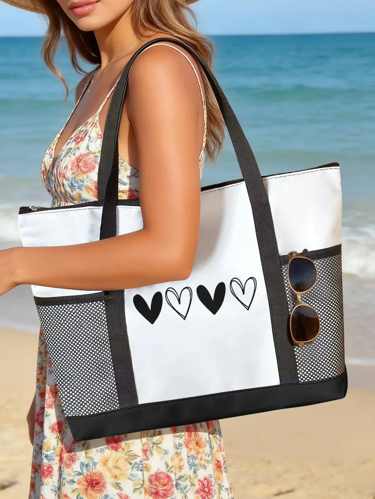 sac de plage noir à imprimé cœurs, avec poche latérale en maille, fermeture éclair, imperméable, sac à bandoulière de voyage