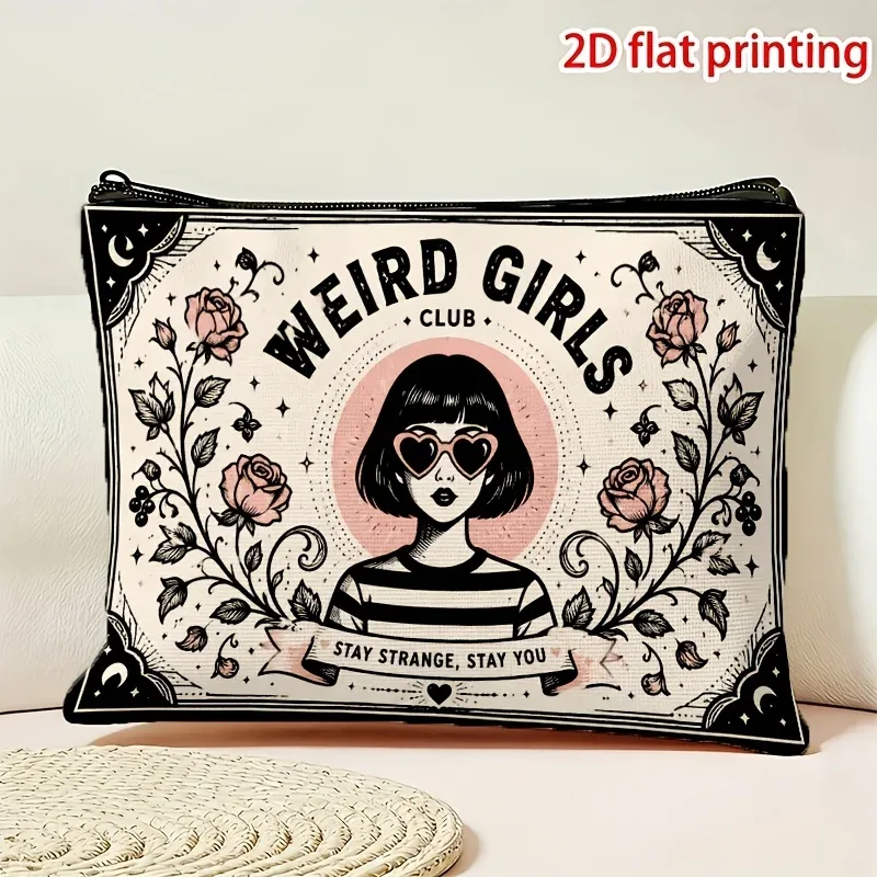 trousse de maquillage multifonctionnelle style rétro 'weird girls club' avec fermeture éclair, pliable, pour rangement de produits de beauté