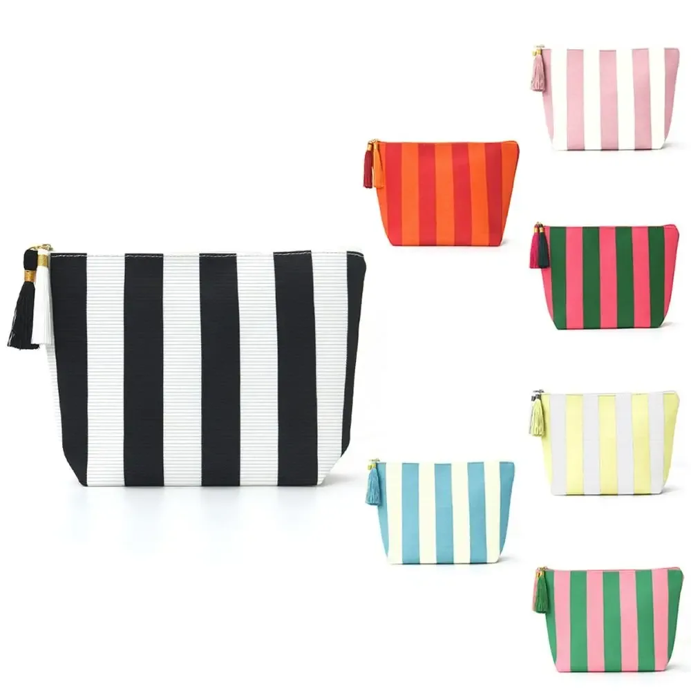 sac de maquillage portable en velours côtelé, grande capacité, motif rayé, trousse de toilette, sac de rangement, pour voyage