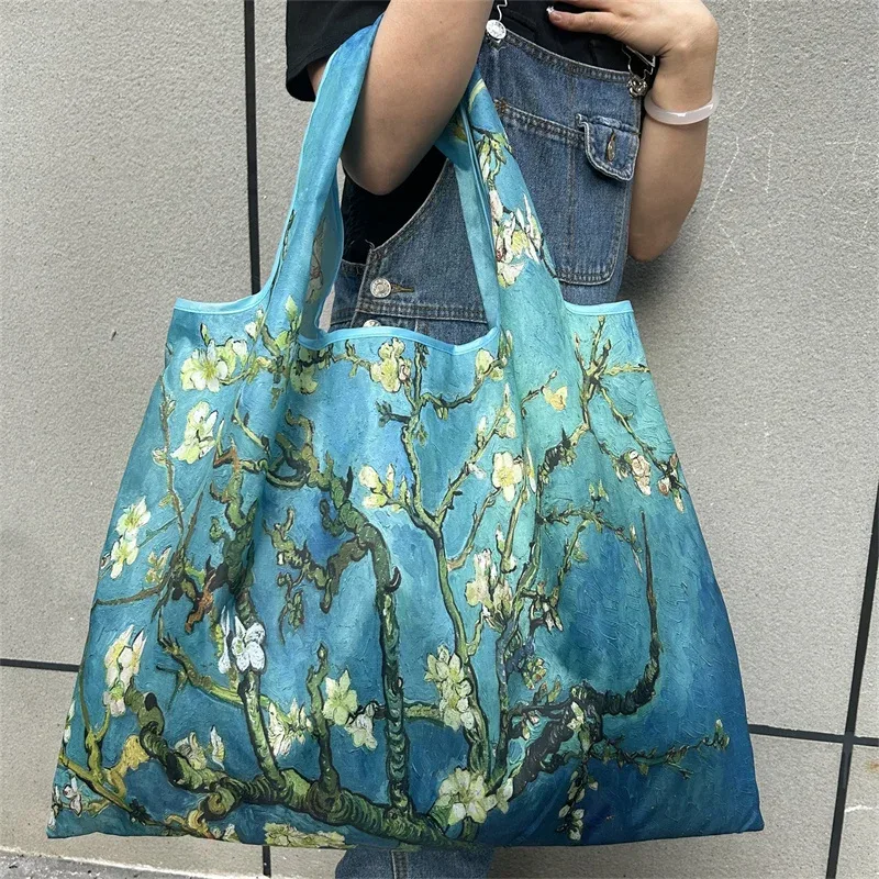 sac de courses pliable imprimé peinture à l'huile, réutilisable, grande capacité, sac fourre-tout écologique, sac de rangement portable et imperméable