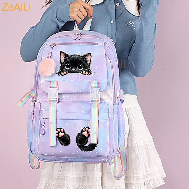 Sac à dos pour femme, enfant, adolescent, motif chat noir mignon, fleur et papillon, idéal pour l'école