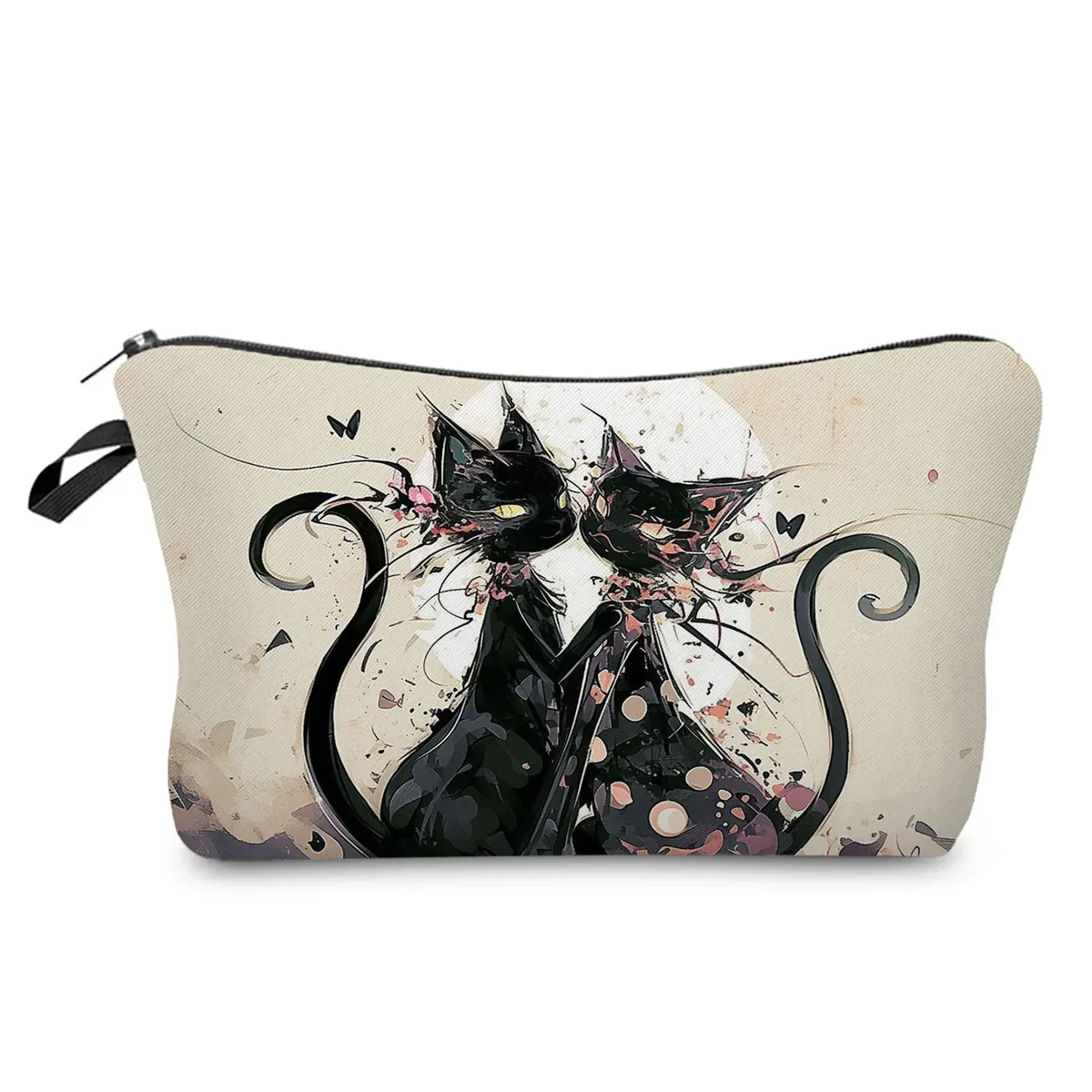 sacs de maquillage college chat noir pour femmes, sacs de rangement portables de voyage, impression d'animaux kawaii décontractés, sacs à cosmétiques double face avec fermeture éclair
