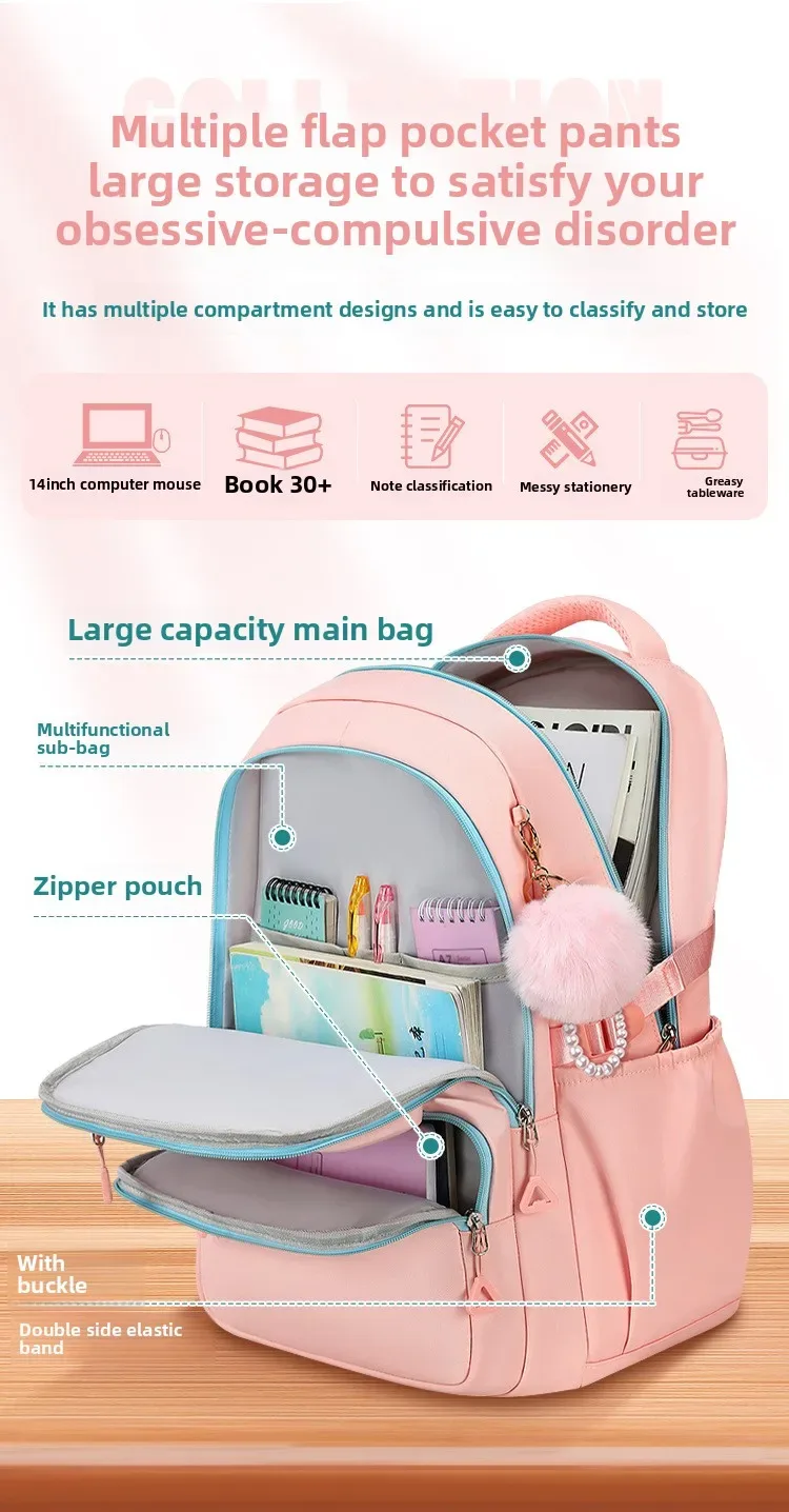 sac à dos d'école avec pendentif en perles pour filles, sac à dos imperméable en nylon pour adolescents, sac à dos de voyage pour femmes, sacs kawaii
