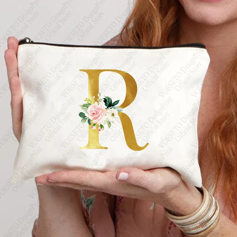 sac à fermeture éclair à motif initial pour femme, trousse de maquillage cosmétique, poudres de toile de bain de mariage, sacs de rouge à lèvres de voyage, cadeau de fête d'enterrement de vie de jeune fille