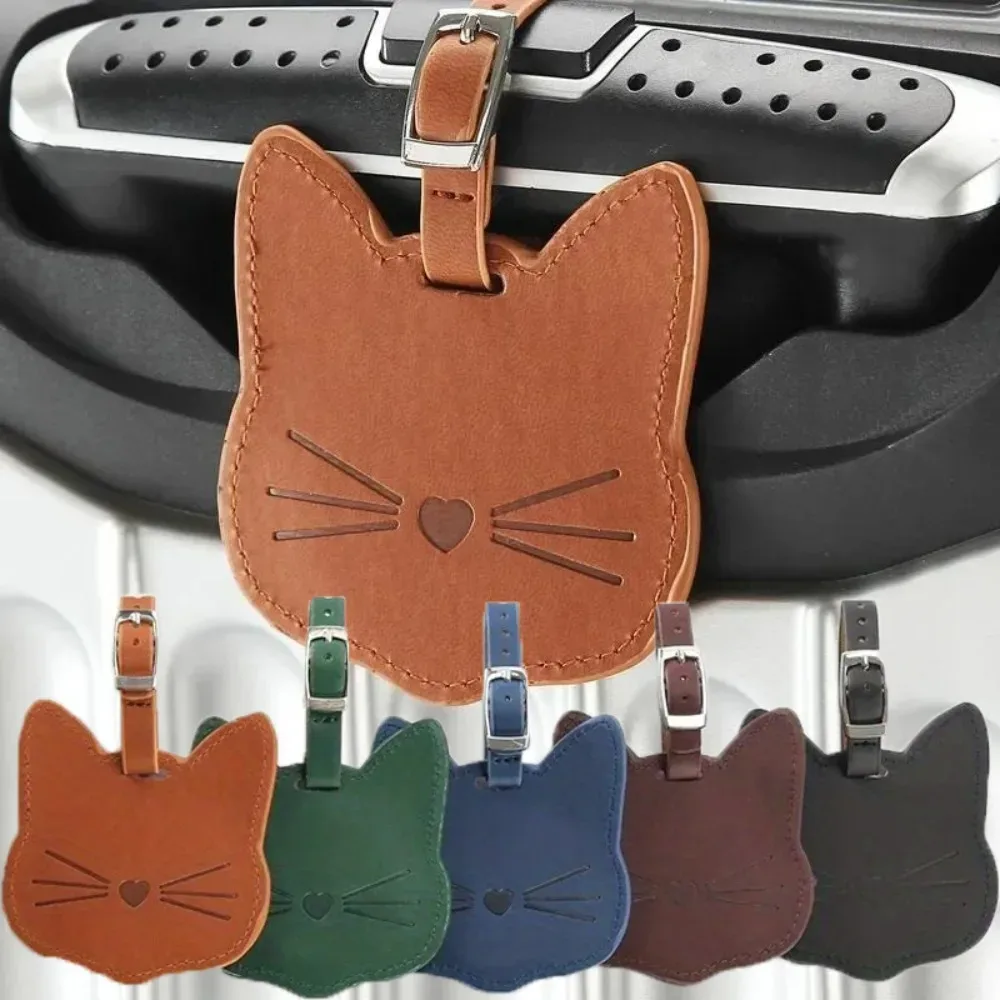 nouvelle étiquette de bagage en cuir, porte-adresse d'identification de valise, étiquette d'embarquement de bagages, étiquette portable, chat mignon, accessoires de voyage