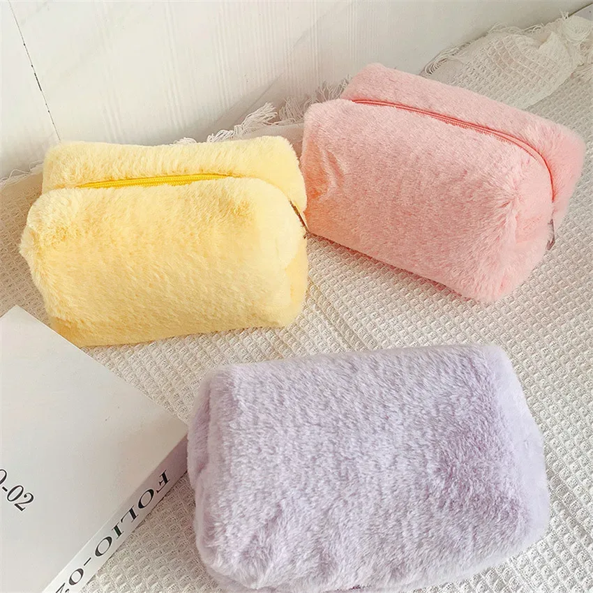 sac de maquillage en peluche douce pour femmes, sac de rangement de maquillage cosmétique moelleux, étui de voyage pour filles, sac à main de lavage de toilette, nouvelle collection hiver