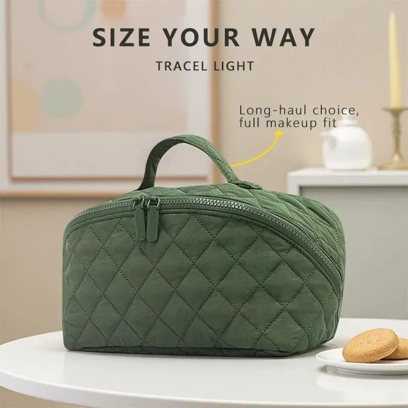 sac à cosmétiques matelassé de luxe, organiseur de maquillage grande capacité avec poignée, pochette de rangement pour articles de toilette de voyage pour femmes