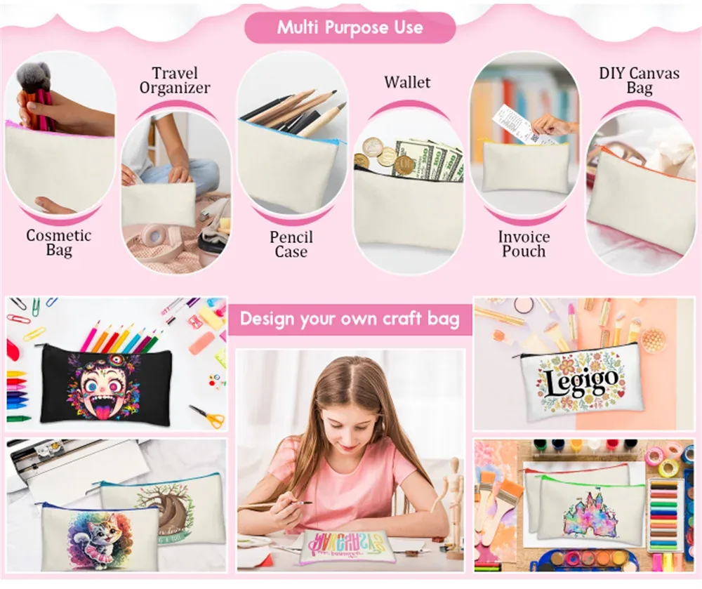 lot de 10 pochettes en toile vierges avec fermeture éclair, sacs de maquillage en gros, trousse à crayons multi-usages avec fermeture éclair robuste, sac cosmétique de voyage