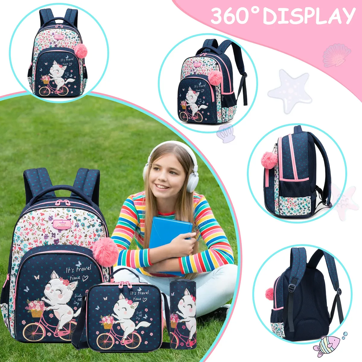ensemble de 3 sacs à dos roulants élégants pour filles, parfaits pour les filles, avec bagages à roulettes, sac à déjeuner, trousse à crayons pour les voyages scolaires