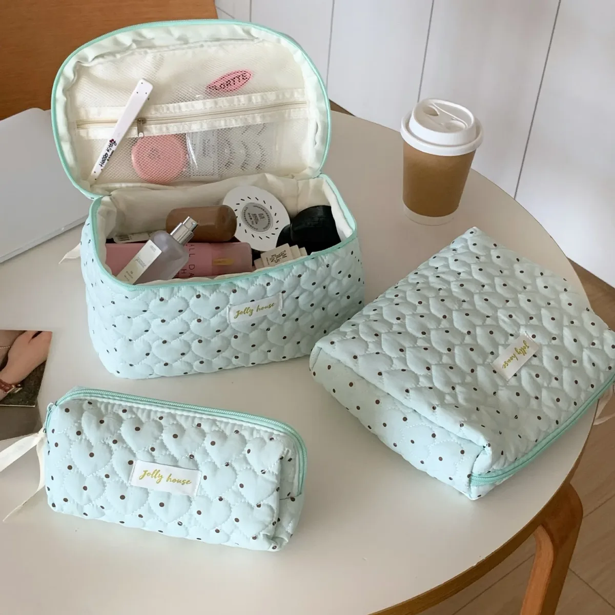 sac de rangement pour cosmétiques en coton matelassé, trousse de toilette de voyage portable, trousse de maquillage à pois vert menthe, grande capacité, style ins