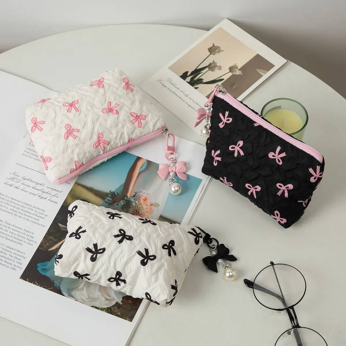 porte-monnaie mignon avec nœud, mini sac de rangement cosmétique, pochette portable à fermeture éclair pour femme, cadeau de voyage