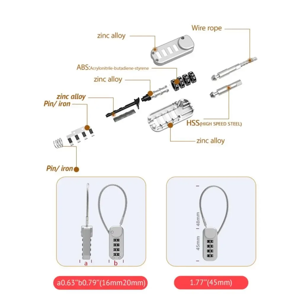 cadenas à code à 4 chiffres durable avec câble antivol à ressort, serrure à câble, serrure à mot de passe pour sac à fermeture éclair