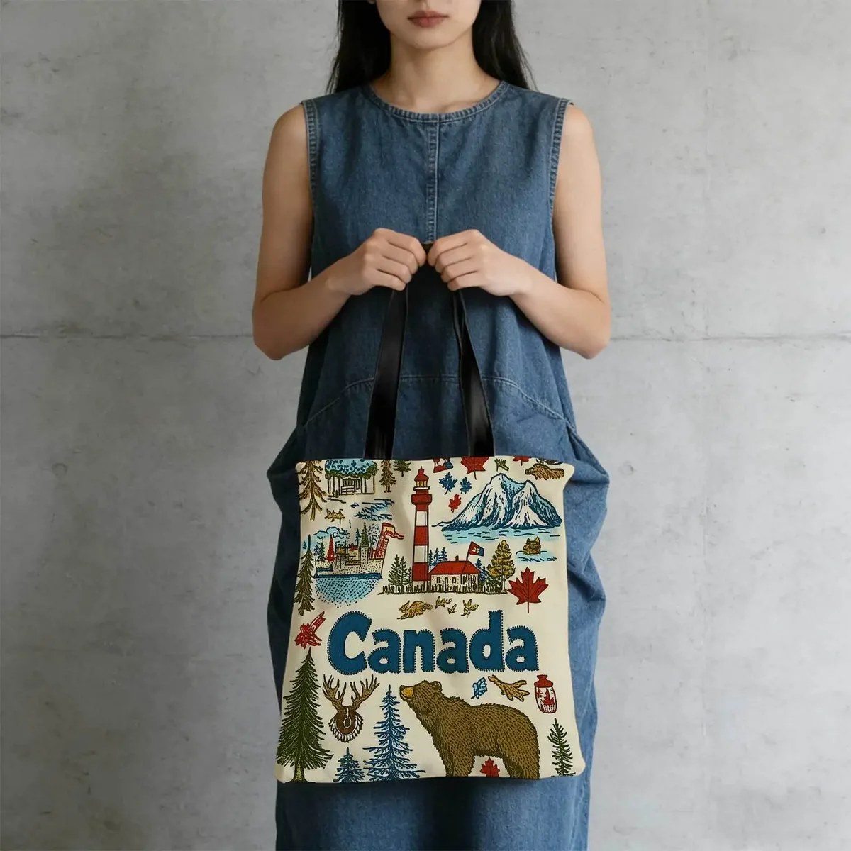 sac fourre-tout en toile avec motif de phare et de fauve du canada, 40x38cm, 1 pièce, adapté aux déplacements quotidiens, au shopping, aux voyages et aux loisirs