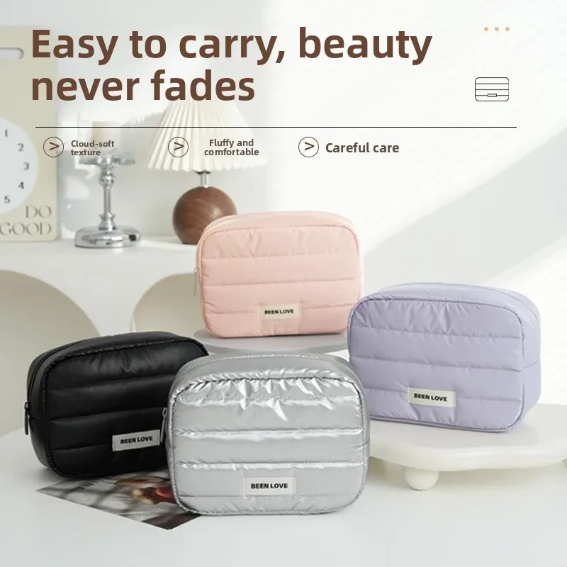 trousse de maquillage puffer grande capacité pour femmes, organiseur de maquillage esthétique, pochette portable à fermeture éclair, sac de rangement de voyage