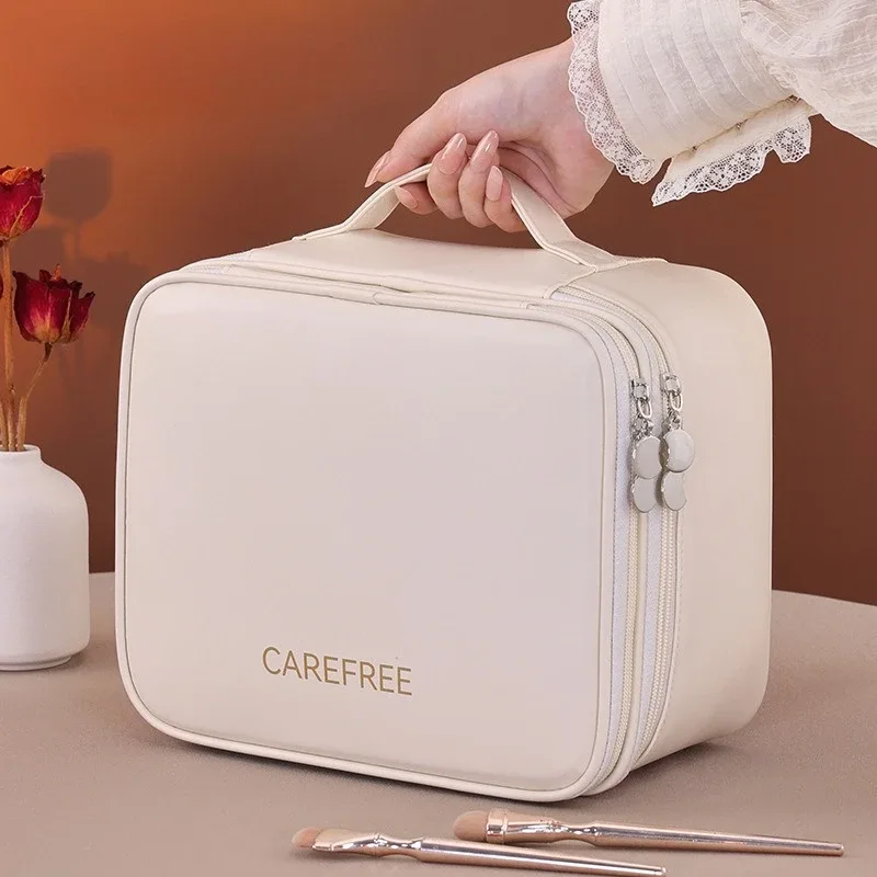 grande trousse de maquillage en cuir pu pour femmes, organisateur de cosmétiques à plusieurs compartiments, sac de rangement imperméable pour pinceaux de maquillage.