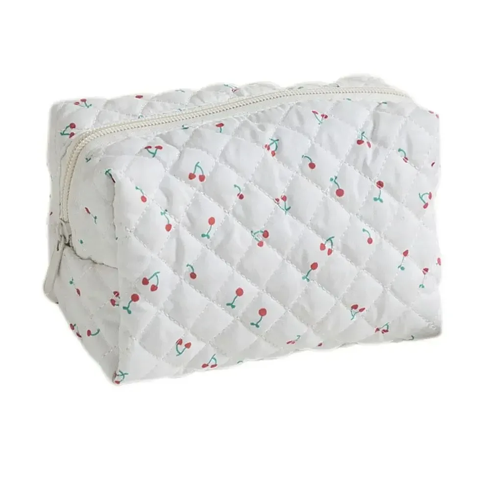 trousse de maquillage en coton matelassé, trousse de toilette portable à carreaux avec fermeture éclair, grande capacité, poudres de soin de la peau, voyage