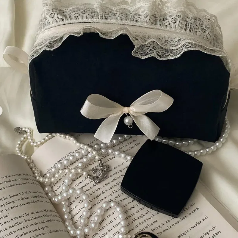 trousse de maquillage noire en dentelle avec nœud pour femme, grande capacité, sac de toilette de voyage, organisateur cosmétique mignon coréen, pochette portable pour femme