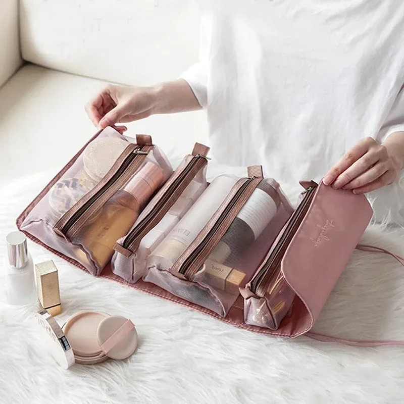 Sac à cosmétiques de voyage pour femmes, boîte de maquillage en maille, esthéticienne, pinceaux de toilette, organisateur de rangement de rouge à lèvres