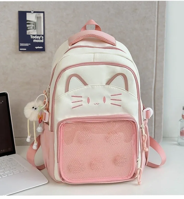 sac à dos imprimé chat kawaii pour adolescentes, sac d'école imperméable de grande capacité, sac à dos de voyage mignon de couleur contrastée avec pendentif en peluche