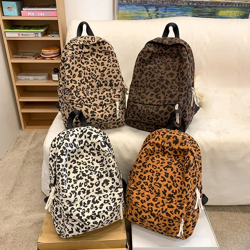 sac à dos à motif imprimé léopard en velours côtelé pour adolescents, sac d'école grande capacité, sac à dos décontracté pour ordinateur portable, sac de voyage, sac à dos pour livres