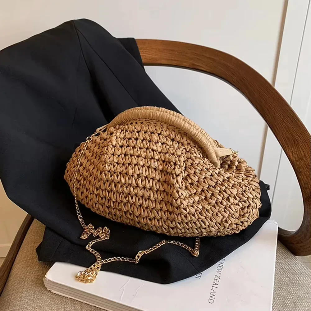 sac tissé en paille pour femmes, pochette en paille avec sangle en chaîne, sac à bandoulière élégant de grande capacité, couleur unie pour la plage d'été