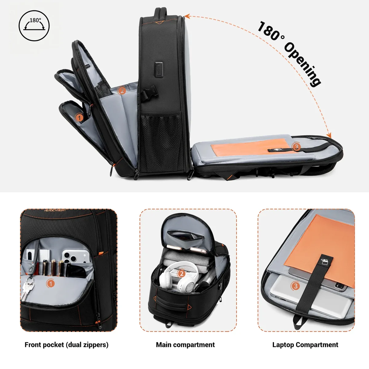 sac à dos multifonctionnel heroic knight pour hommes, sac de voyage extensible pour ordinateur portable 17,3 pouces, avec port usb, imperméable, élégant, idéal pour l'université.