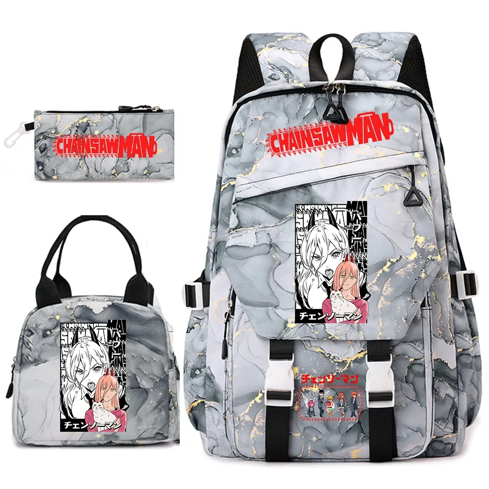 ensemble de sacs à dos pour étudiantes avec imprimé chainsaw man anime, pour filles, avec sac à lunch et trousse à crayons, pour une utilisation quotidienne à l'école