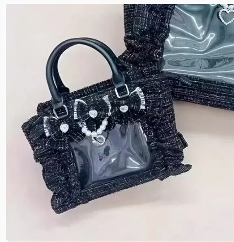 sac à main en dentelle à volants pour femmes et filles, sacoche de style japonais, fourre-tout carré avec nœud papillon en perles, sacs à main portables initiés