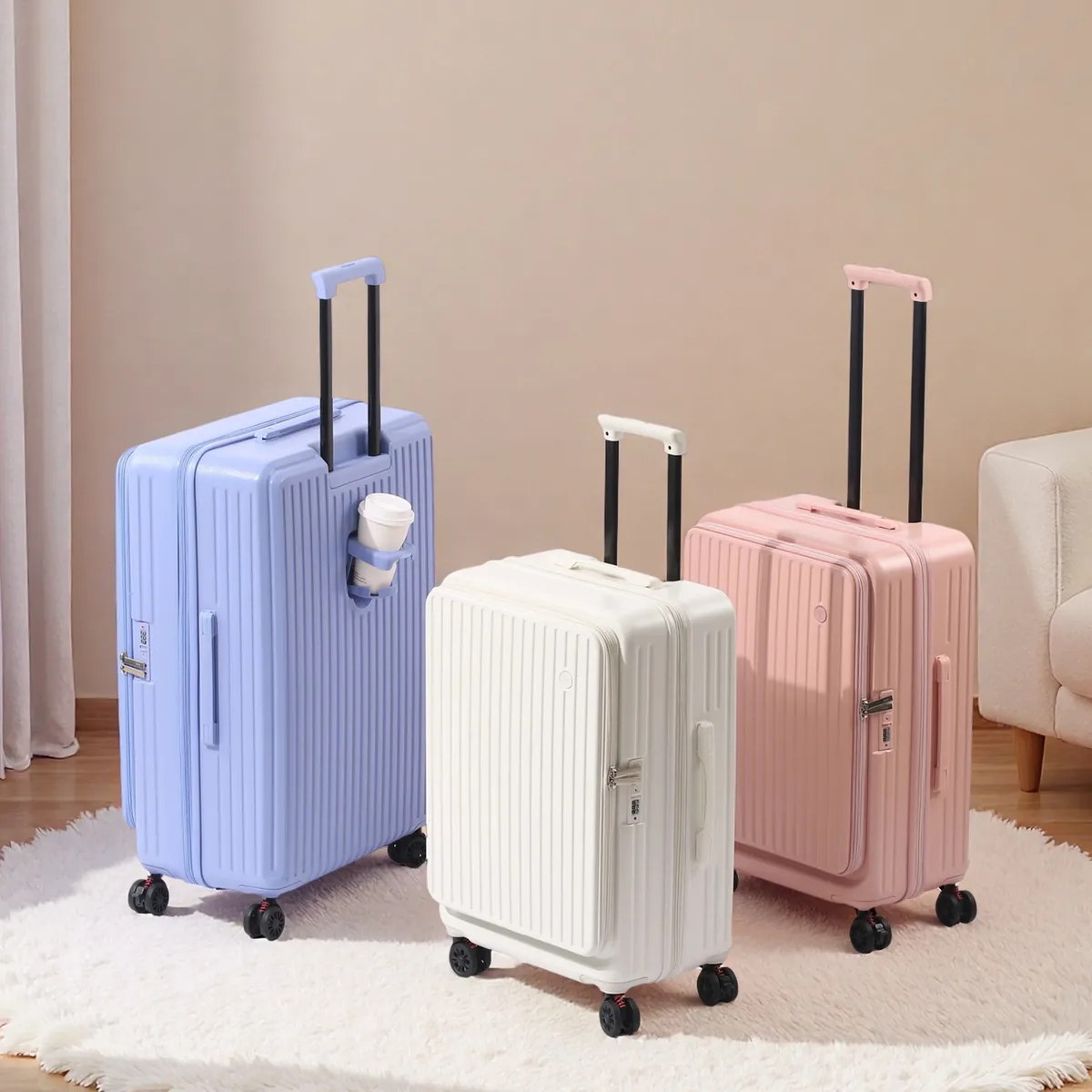 valise multifonctionnelle extensible à ouverture frontale avec porte-gobelet, crochet, frein, roues silencieuses et serrure à combinaison