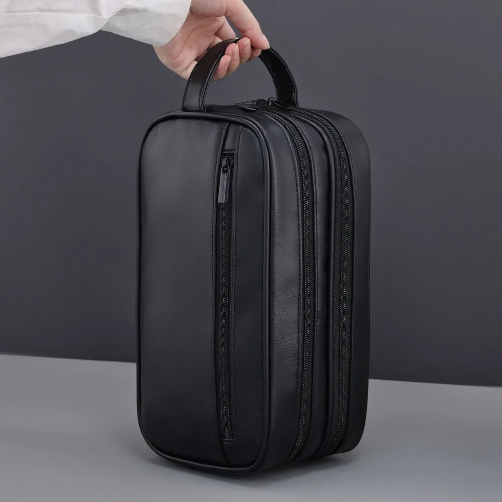 trousse de toilette double couche pour hommes, en cuir pu, organisateur de lavage de voyage, kit dopp, sac à cosmétiques de rasage résistant à l'eau, strorage