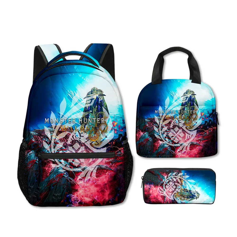 sacs d'école classiques populaires et amusants avec impression 3d de monstres sauvages, 3 pièces/ensemble, sac à dos de voyage, sac à déjeuner portable, trousse à crayons