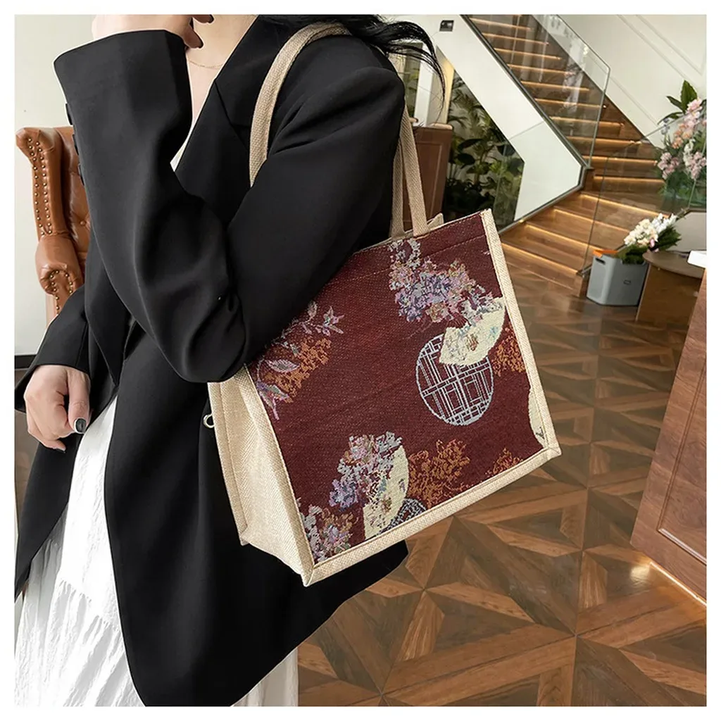 sac fourre-tout en lin élégant pour les trajets quotidiens, sac à main de grande capacité, sac fourre-tout chinois léger pour les rendez-vous, l'école et les trajets quotidiens