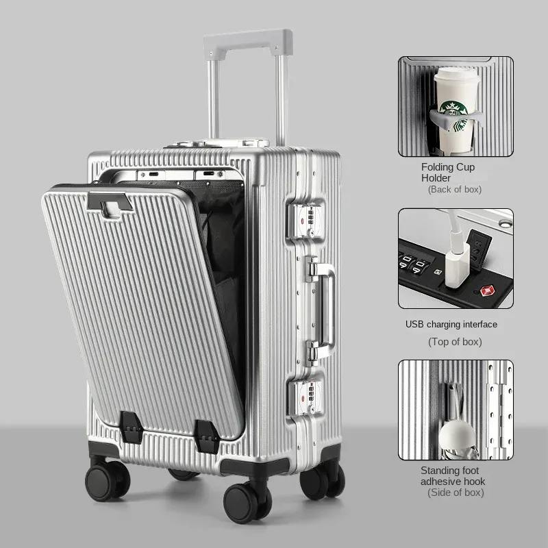 valise à ouverture frontale pour cabine, boîtier de chariot, cadre en aluminium de 20/24/26/28 pouces, bagages de grande capacité, chargement usb, serrure tsa, nouvelle collection