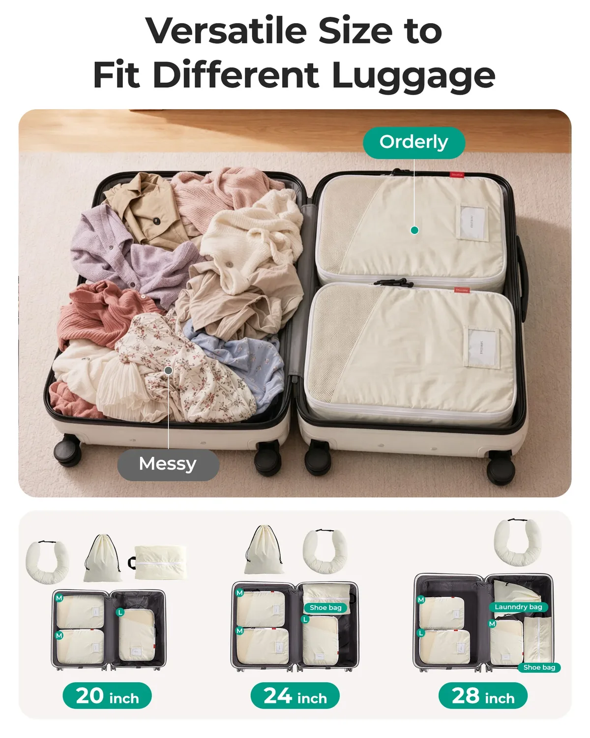 cubes de compression bagsmart avec oreiller de voyage, 6 pièces, sacs de rangement de voyage durables, résistants aux déchirures, en tissu lavable, avec fente pour carte
