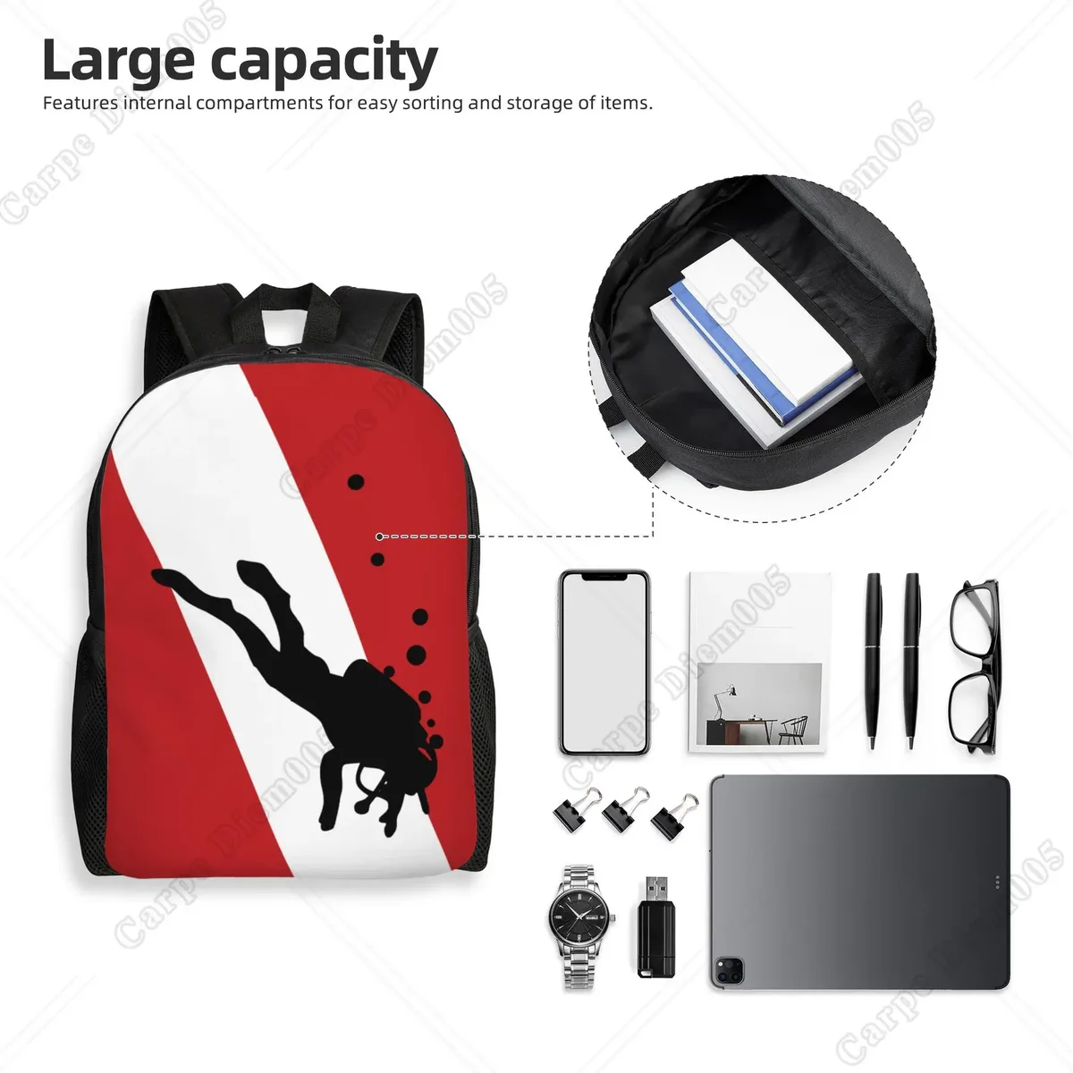 sac à dos à motif de plongée sous-marine, sacs d'école, sacs de voyage pour ordinateur portable de 15 pouces, unisexe en polyester pour le travail de randonnée en plein air
