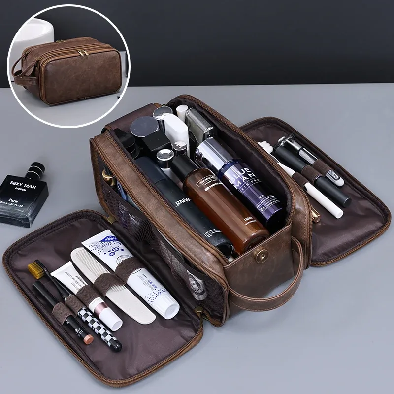trousse de toilette multi-poches en pu pour femmes et hommes, trousse de maquillage essentielle de voyage, sac suspendu étanche, sac organisateur de lavage de cosmétiques