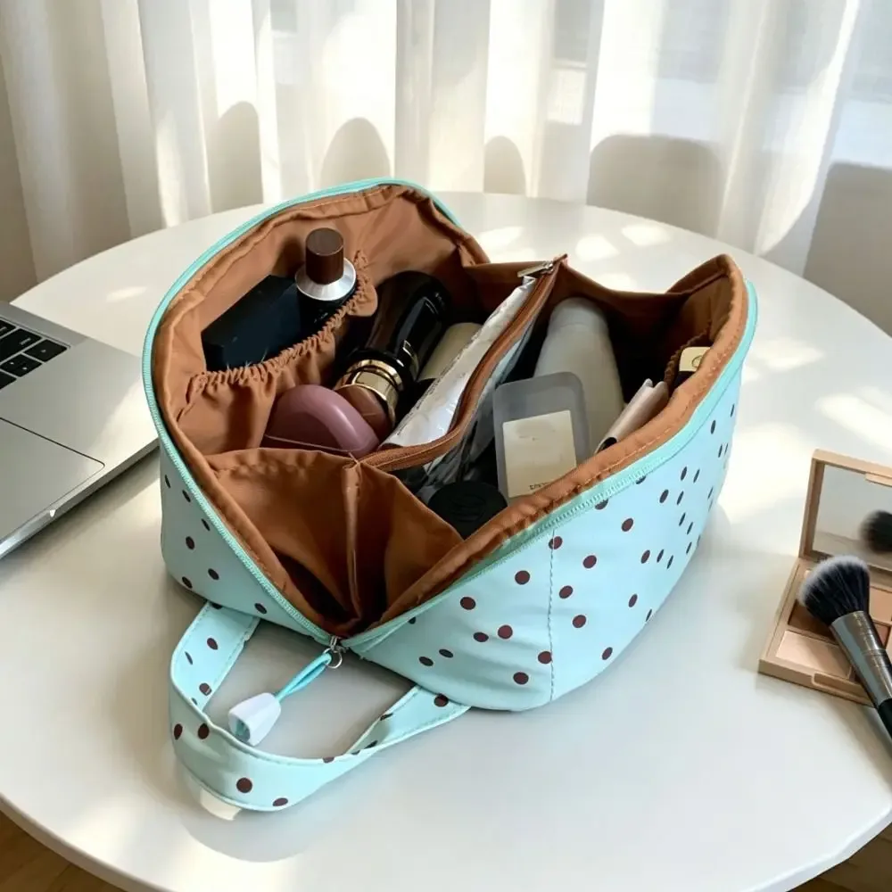 trousse de maquillage portable à pois, sac cosmétique brodé avec nœud, pochette de rangement, trousse de toilette à pois pour voyage