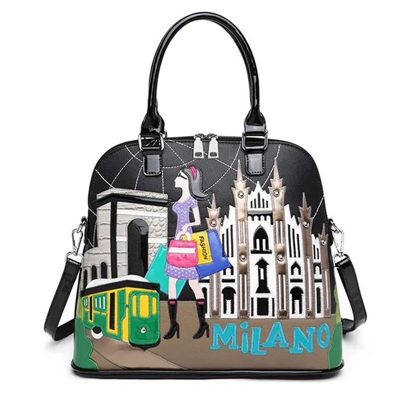 Sac à dos en cuir avec broderie patchwork pour femme, cartable preppy, sac d'étudiant, sac de voyage, fourre-tout, style Braccialini, dessin animé Milan