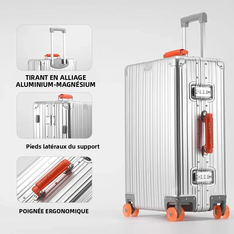 valise en alliage d'aluminium et de magnésium, grande capacité, avec serrure à combinaison, roulettes transparentes, valise à roulettes pour affaires