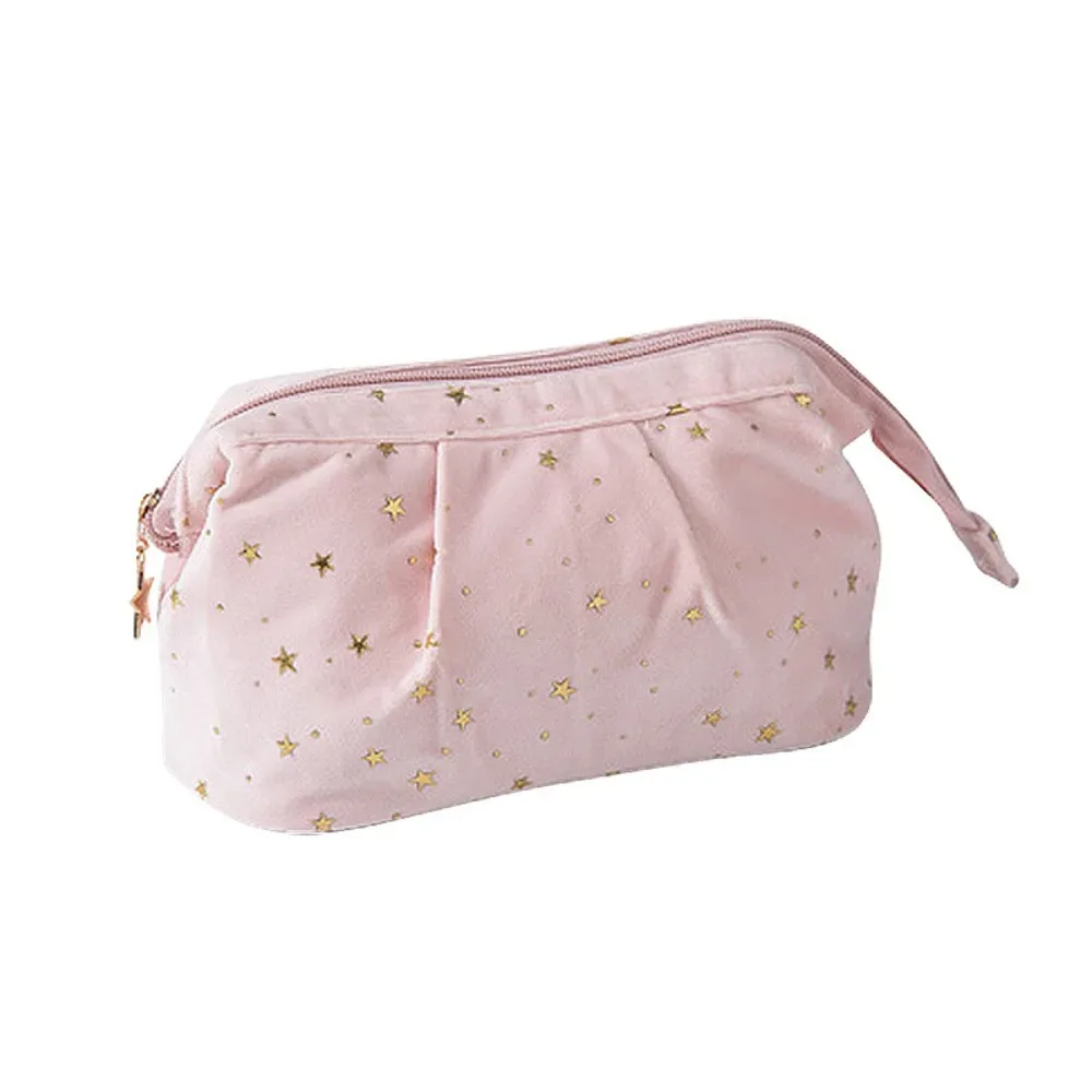 trousse de maquillage en velours bronzing stars, grande capacité, forme coquille, avec fermeture éclair, pochette de toilette, sac à main, trousse de voyage