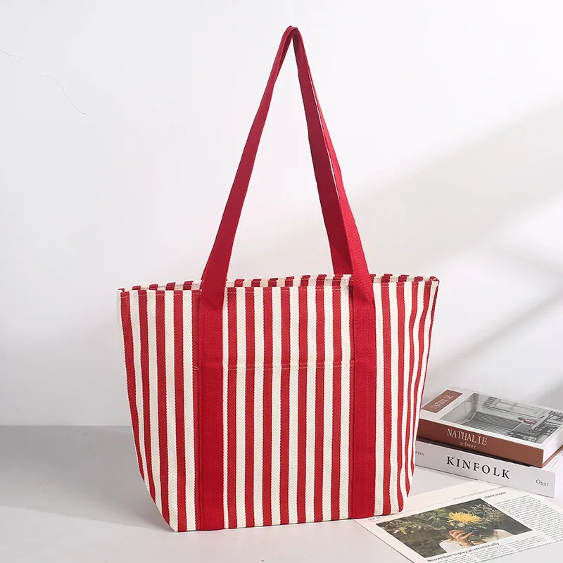 sac fourre-tout en toile rayé personnalisé avec logo imprimé, simple, grande capacité, portable, pour le shopping, avec texte et image diy