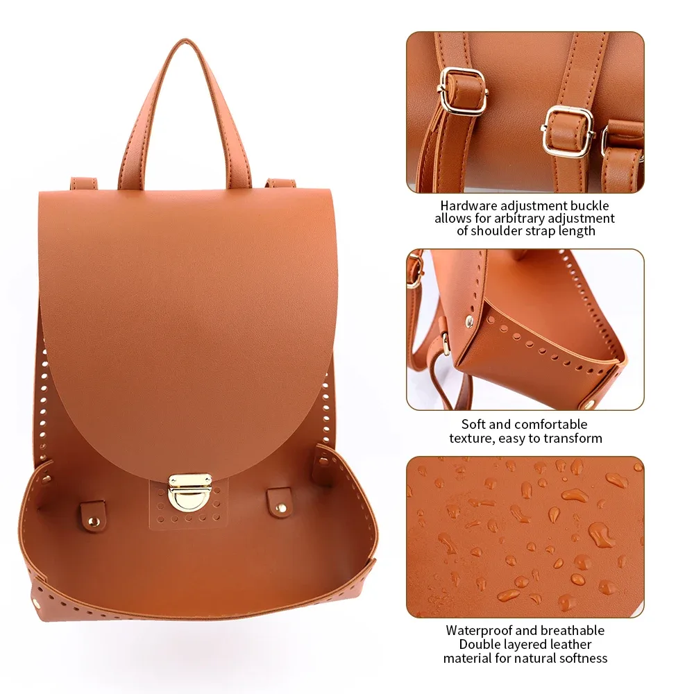 ensemble de sac à dos tissé bricolage, sac à main en cuir fait main, sangle initiée, sac à fond avec accessoires de quincaillerie, noir, marron, café